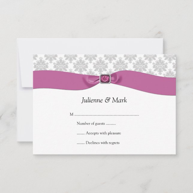 3,5x5 Gray blanc Damask Pink Ribbon Jewel RSVP (Devant)