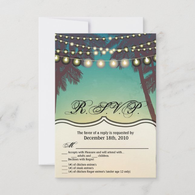 3.5x5 R.S.V.P. Card Beach Sunset Palm Trees String Einladung (Vorderseite)