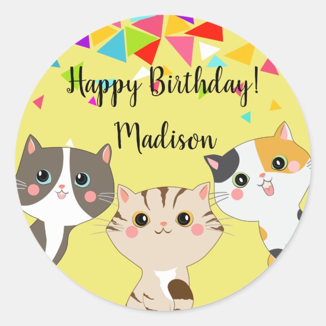 3 Adorable Kitty Happy Birthday Runder Aufkleber (Vorderseite)