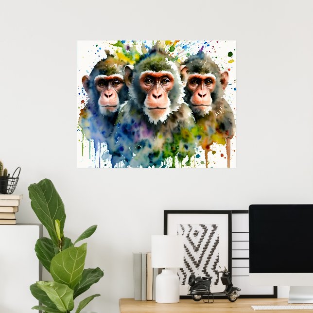 3 Affen Farben Wasserfarbe Kunst Poster (Heimbüro)