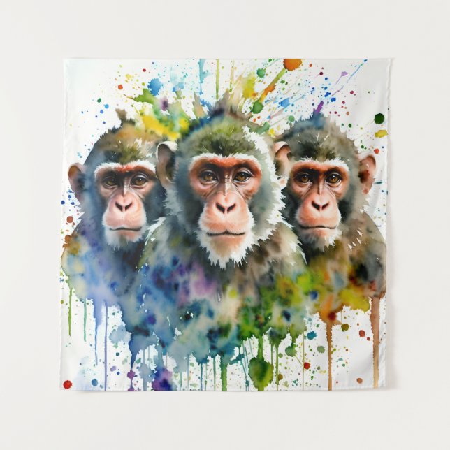 3 Affen Farben Wasserfarbe Kunst Wandteppich (Vorderseite)