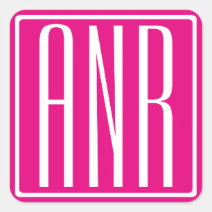 3 Anfangsbuchstaben Monogramm   Weiß auf Hot Pink Quadratischer Aufkleber