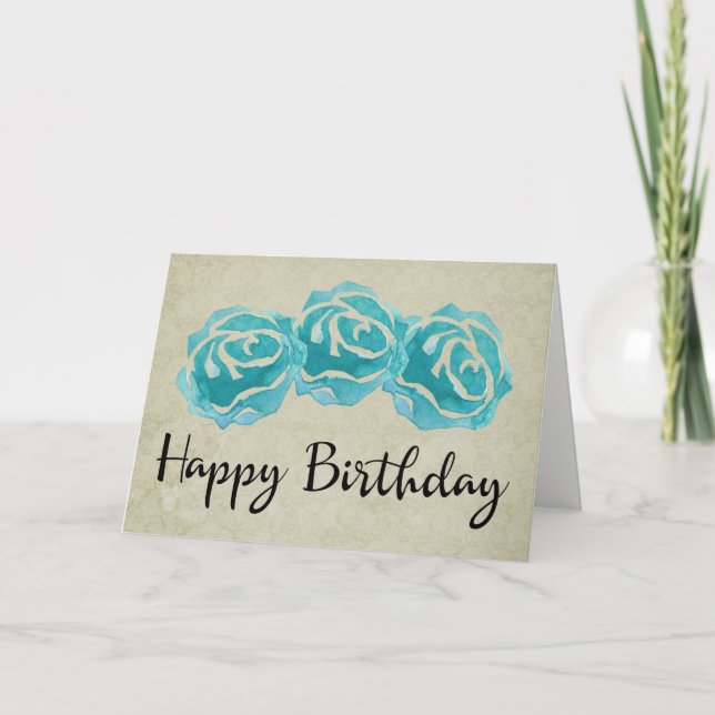 3 Aquamarine Aquarellfarben-Rose auf Tan Damask Ge Karte (Vorderseite)