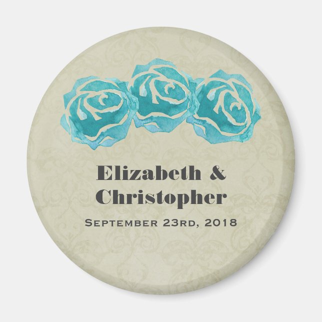 3 Aquamarine Aquarellfarben-Rose auf Tan Damask Ho Magnet (Vorne)