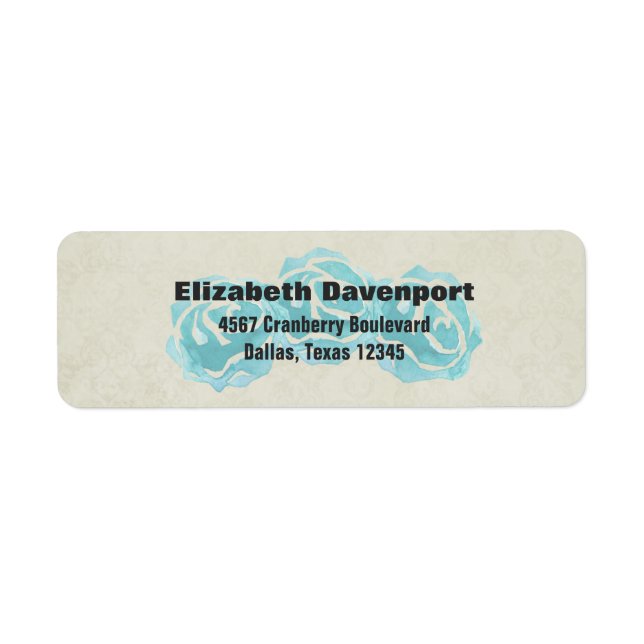 3 Aquamarine Aquarellfarben-Rose auf Tan Damask Mu (Vorne)