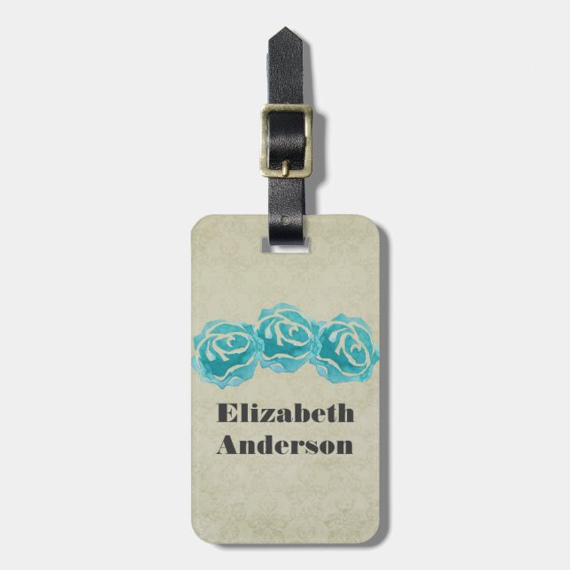 3 Aquamarine Aquarellfarben-Rose auf Tan Damask Mu Gepäckanhänger (Vorderseite vertikal)