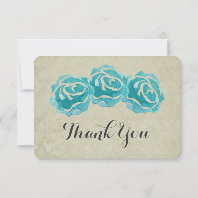 3 Aquamarine Aquarellfarben-Rose auf Tan Damask Vi Dankeskarte (Vorderseite)