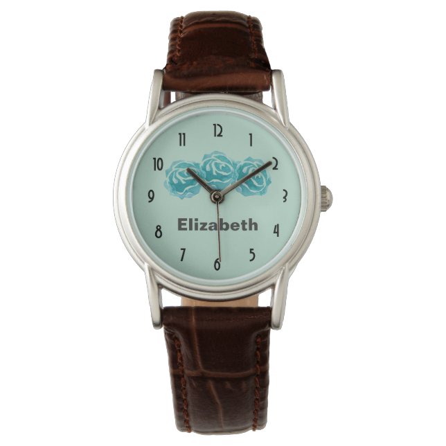 3 Aquamarine Aquarellfarben-Rose im Hintergrund de Armbanduhr (Vorderseite)