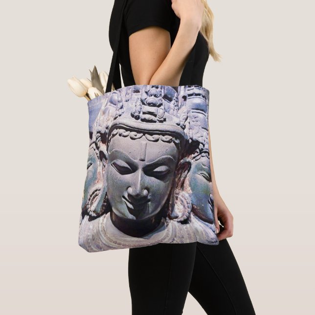 3 Asian Stone Faces Antique Statue Foto Stilvoll Tasche (Von Nahem)