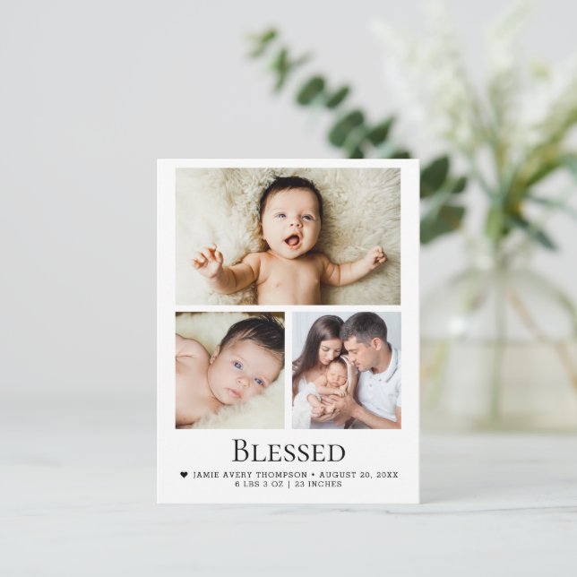 3 Baby Fotos Geburtshinweis Postkarte (Stehend Vorderseite)