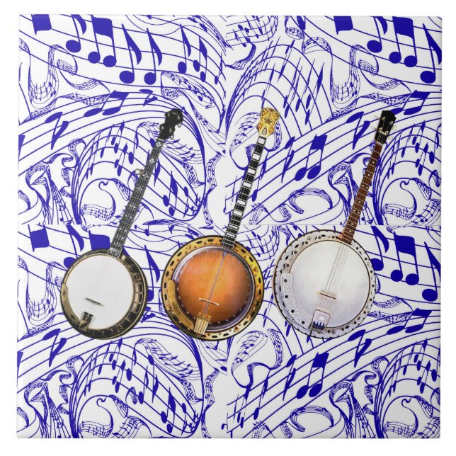 3 BANJOS AUF BLAUEM MUSIKNOTEN FLIESE (Vorderseite)