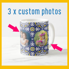 💛 💙 3 Bilder und Text, mediterranes Azulejo Kaffeetasse