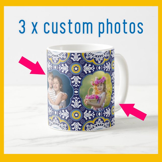 💛 💙 3 Bilder und Text, mediterranes Azulejo Kaffeetasse (Von Creator hochgeladen)