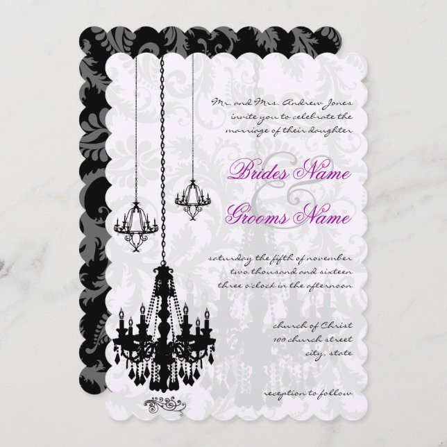 3 Black Candelierers Shadow Damask Wedding Einladung (Vorne/Hinten)