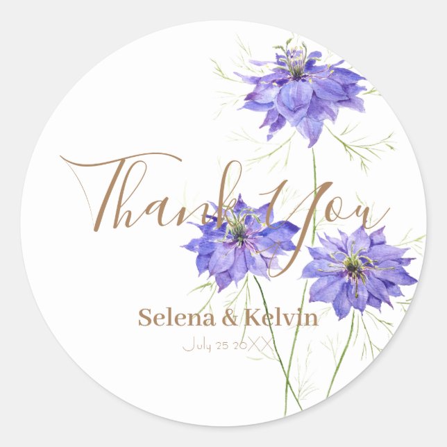 3 blaue lila Nigella-Blume Rundaufkleber Runder Aufkleber (Vorderseite)
