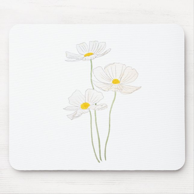 3 Blume mit weißem Kosmos, Tinte und Aquarell Mousepad (Vorne)
