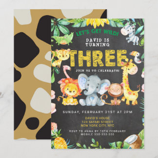 3. Boy Birthday Safari Animals Chalkboard Jungle Einladung