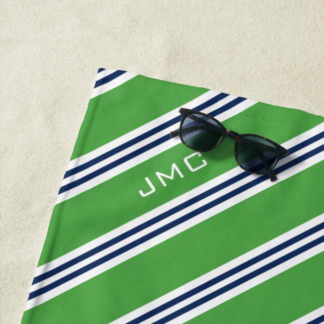 3-Buchstaben-Monogramm-grüne und blaue Streifen Strandtuch (Beispiel)