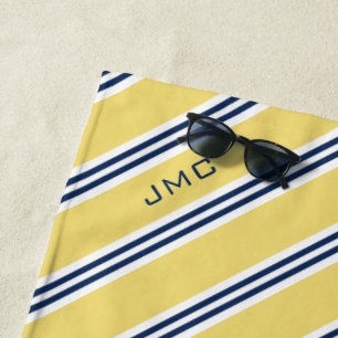 3-Buchstaben-Monogramm-Streifen Gelb und Blau Strandtuch