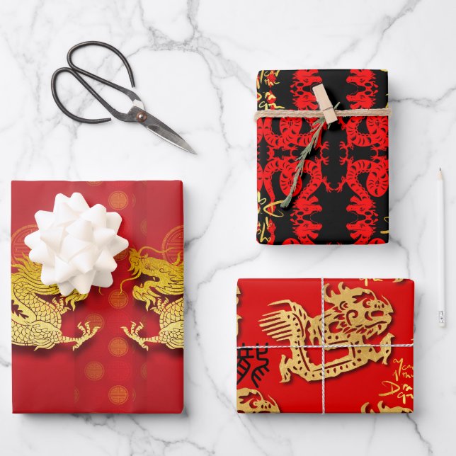 3 Chinesischer Drachenpapierschnitt Jahr WPFS Geschenkpapier Set (Vorderseite)