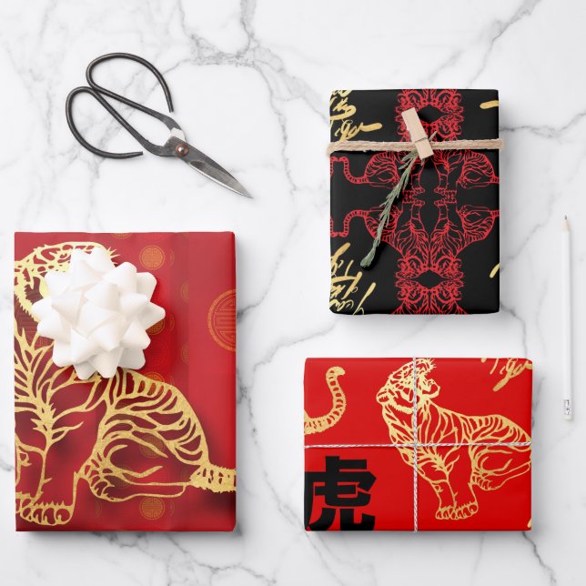 3 Chinesischer TIger-Papierschnitt Jahr WPFS Geschenkpapier Set (Vorderseite)