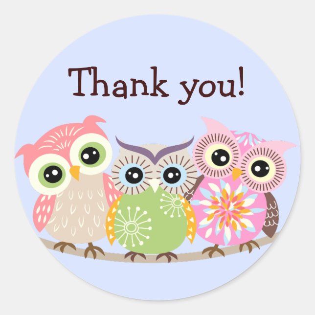 3 Chouettes mignonnes et colorées Merci Stickers (Devant)