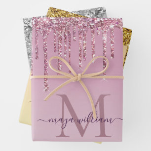 3 Color Glitzer Tropfen Personalisiert Monogramm N Geschenkpapier Set