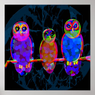 3 Colorful Owles at Night - Pop Art Poster