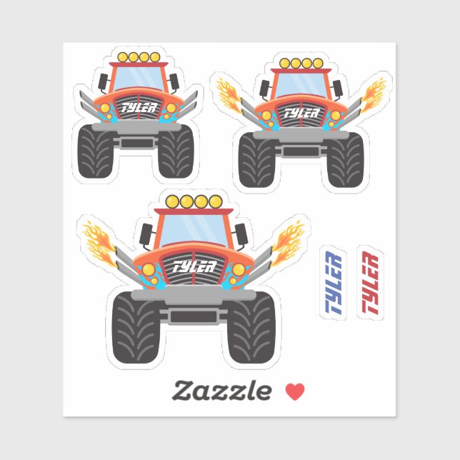 3 Coole Red Monster Trucks, Flammen, DIY-Namen Aufkleber (Blatt)