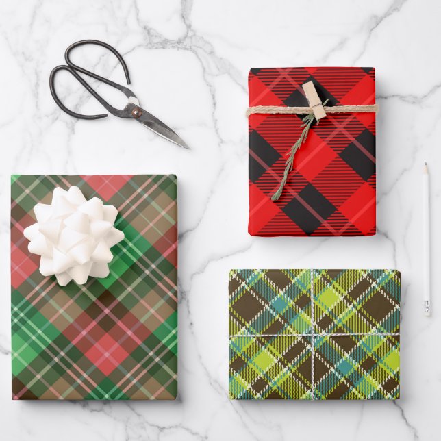 3 couleurs plaid motif feuilles de papier d'emball (Recto)