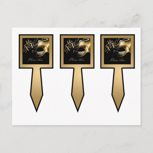 3 Cup Cake Picks Mis XV Gold Black Party Einladungspostkarte (Vorderseite)