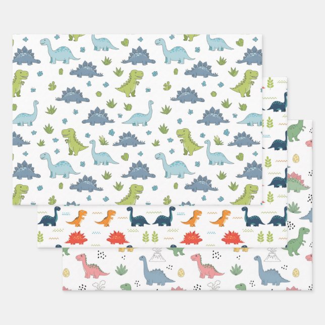 3 Cute Dino Pattern Kids Birthday Geschenkpapier Set (Set)