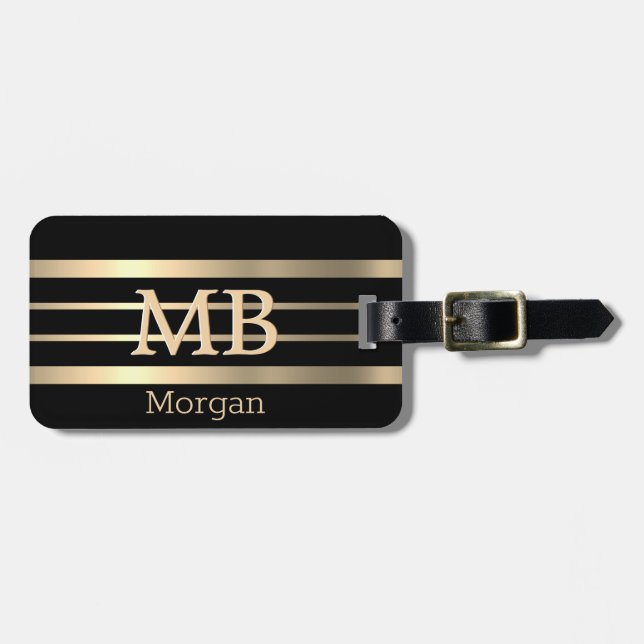 3-D Gold Monogramm und Name, Goldränder auf schwar Gepäckanhänger (Vorderseite horizontal)