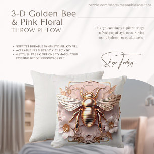 3-D Goldene Biene und rosa Blütenkopfkissen Kissen