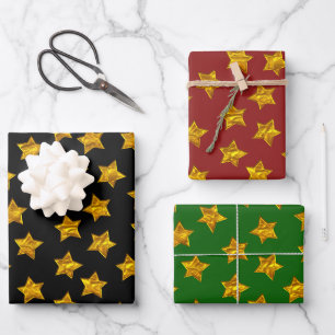 3-D Goldene Sterne auf Weihnachtsfarbengeschenk Geschenkpapier Set
