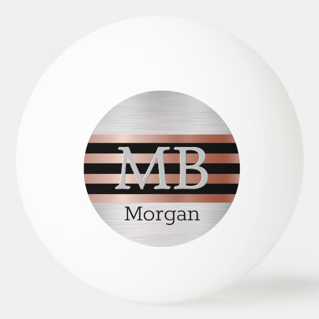 3-D Monogramm/Name Bk/Rose Goldstreifen auf Silber Tischtennisball (Vorderseite)