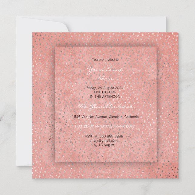 3-D Peach Coral Silver Stars Damask Brautparty Einladung (Vorderseite)