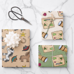 3 Designs - 1 Cowboys und 2 Pirates Geschenkpapier Set