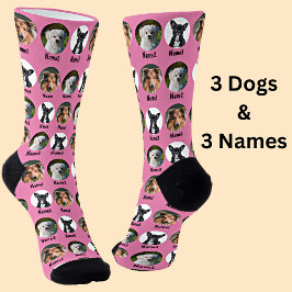3 Dogs, 3 Names, Dog Photo - Personalized Pink Socken