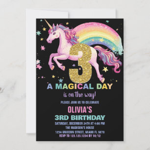 3. Einhorn Geburtstag Einladungen Schwarz