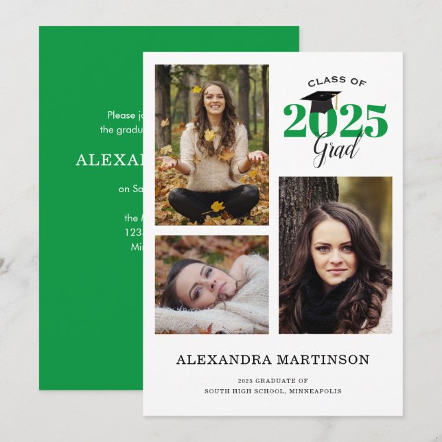 3 Einladung der Fotocollage Green Graduation Party (Vorne/Hinten)