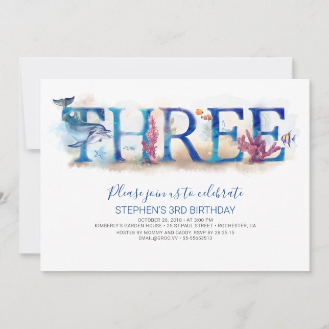 3 Einladung zum 3. Geburtstag unter der Meerestier (Vorderseite)