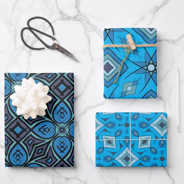 3 Einzelblätter, Blues, Grafikdesign Geschenkpapier Set (Vorderseite)