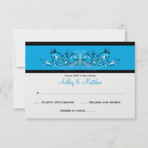 #3 Elegante Blaue Schwarze Weiße Schriftrollen RSV RSVP Karte