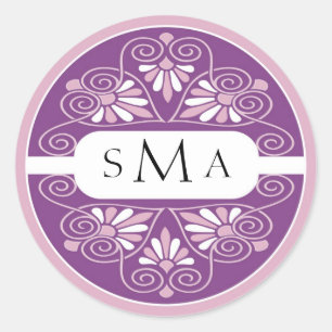 3 Erstmalige Monogramm-Aufkleber: rosa und Lila Runder Aufkleber