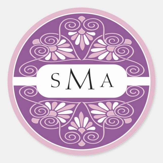 3 Erstmalige Monogramm-Aufkleber: rosa und Lila Runder Aufkleber (Vorderseite)