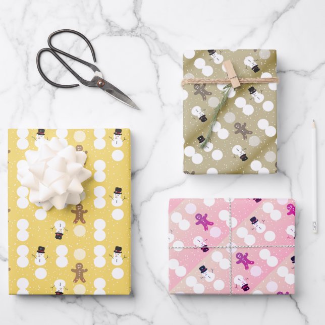 3 Farben Schneemann und Lebkuchenpapier Geschenkpapier Set (Vorderseite)