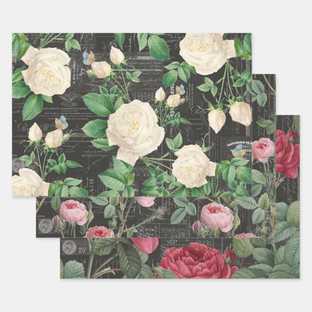 3 feuilles Ephemera Collage de Charbon Rose (Lot)