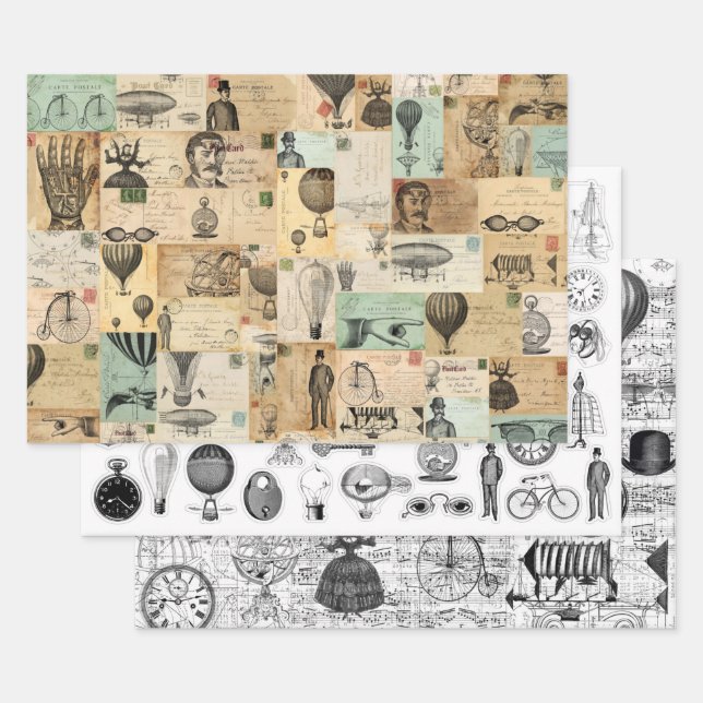 3 feuilles Ephemera Collage Steampunk (Lot)