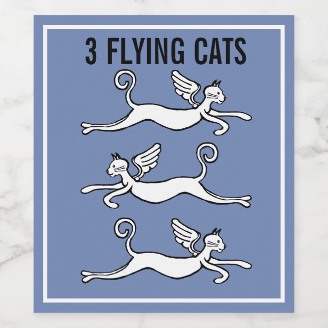 3 fliegende Katzen Comic Kunstbild Weinetikett (Einzelnes Label)